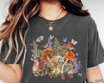 Koszulka vintage forestcore, prezent urodzinowy z króliczkiem goblincore, koszulka boho cottagecore z grzybem, koszulka z jesienną zieloną czarownicą, koszulka z żabą muchomor
