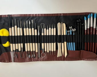 Conjunto de ferramentas para cerâmica com 36 peças, kit de ferramentas para cerâmica com estojo de transporte, bolsa para materiais de cerâmica, conjunto de escultura em polímero, escultura e modelagem em argila faça você mesmo