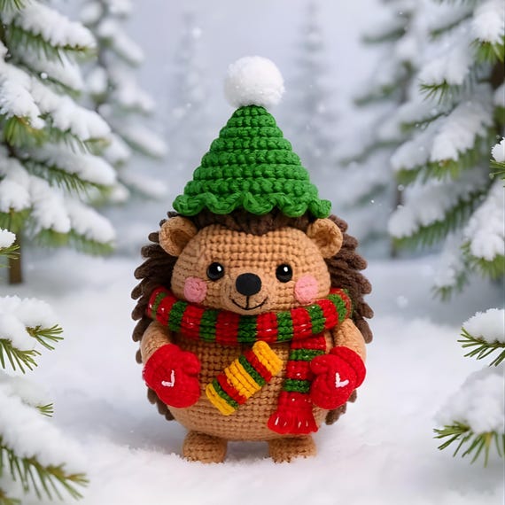 Christmas Hedgehog or Cat Crochet Kit, 2pc Amigurumi Holiday Yarn Set, Cute Crochet Kit for Beginners, DIY Christmas Gift Craft, Fibre art
