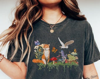 Koszulka vintage forestcore, prezent urodzinowy w kształcie sowy goblincore, koszulka boho cottagecore z grzybem, koszulka z lisem czarownicy w kolorze jesiennym, koszulka z żabą muchomor