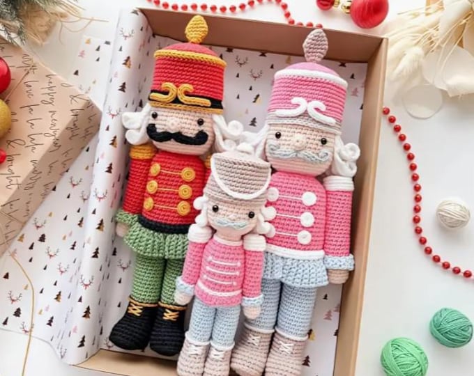 3pc Nutcracker Crochet Kit, Amigurumi Summer Beginner/Intermediate Yarn Plush Kit DIY Craft knitter Gift: Fibre arts, Wool thread guide