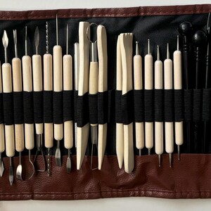 40pc Pottery tool set in a leather roll bag