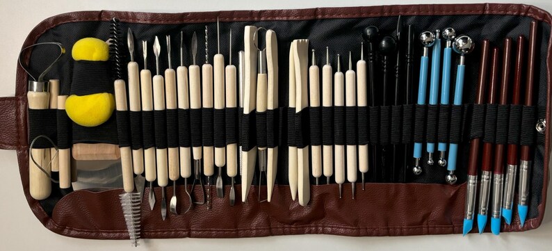 40pc Pottery tool set in a leather roll bag