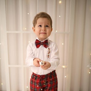 Gingerbread Christmas Outfit: Embroidered Shirt, Red Plaid Pants & Bow Tie
