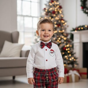 Embroidered Santa Shirt & Plaid Pants Set: Toddler Christmas Outfit
