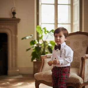 Gingerbread Christmas Outfit: Embroidered Shirt, Red Plaid Pants & Bow Tie