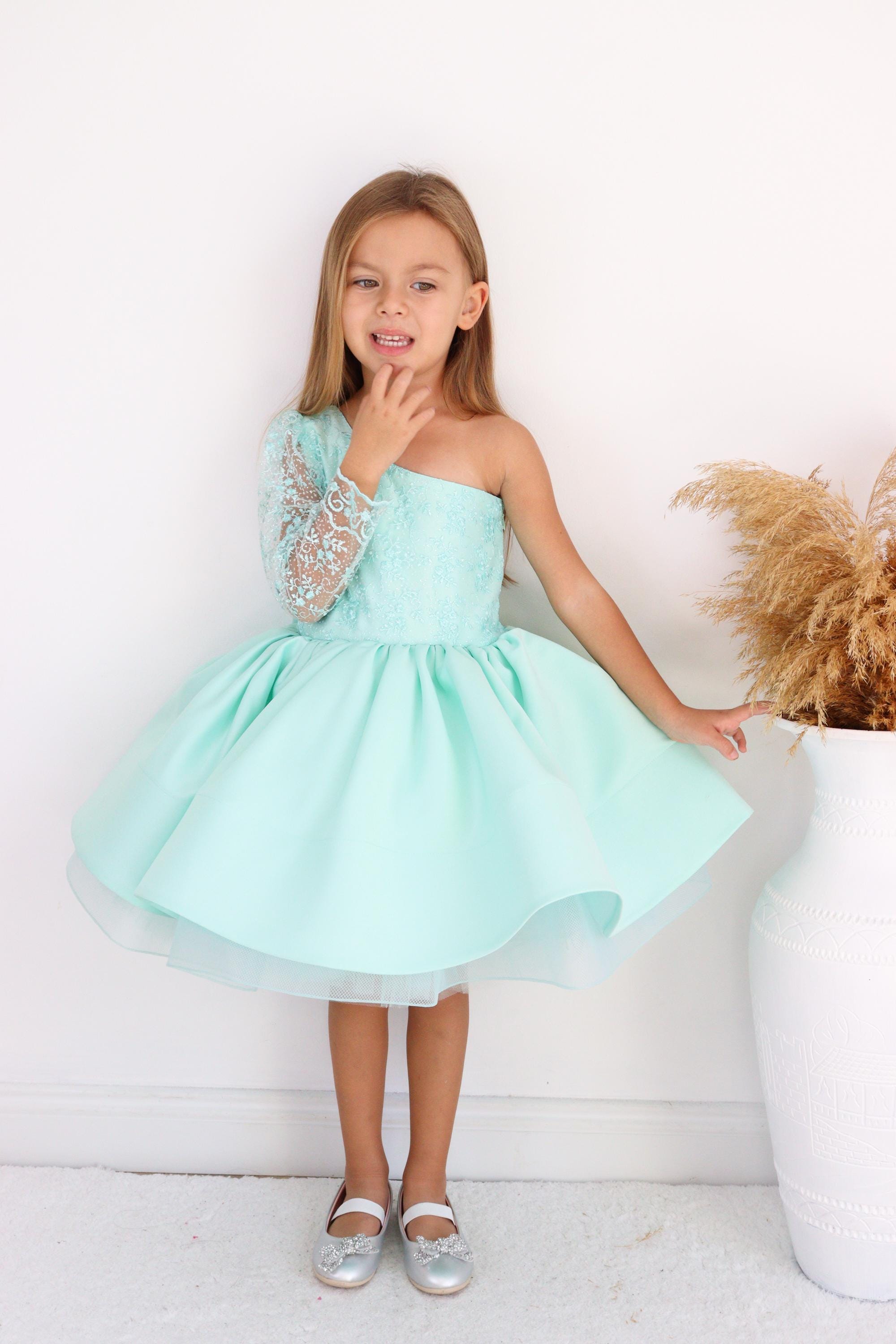 one shoulder mint green dress One-shoulder Dress: Embroidered Satin Bodice, Tulle Skirt Wedding guest dress