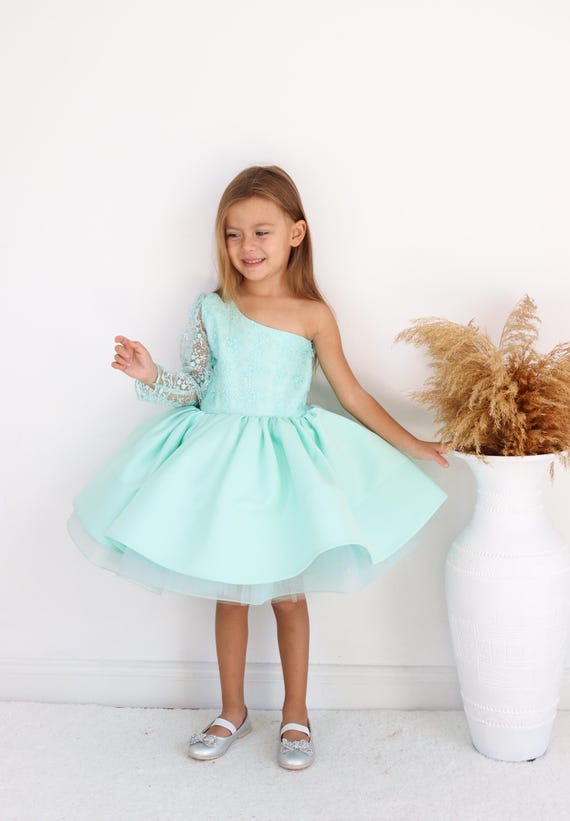 mint green one shoulder dress One-shoulder Dress: Embroidered Satin Bodice, Tulle Skirt color_Dusty Blue