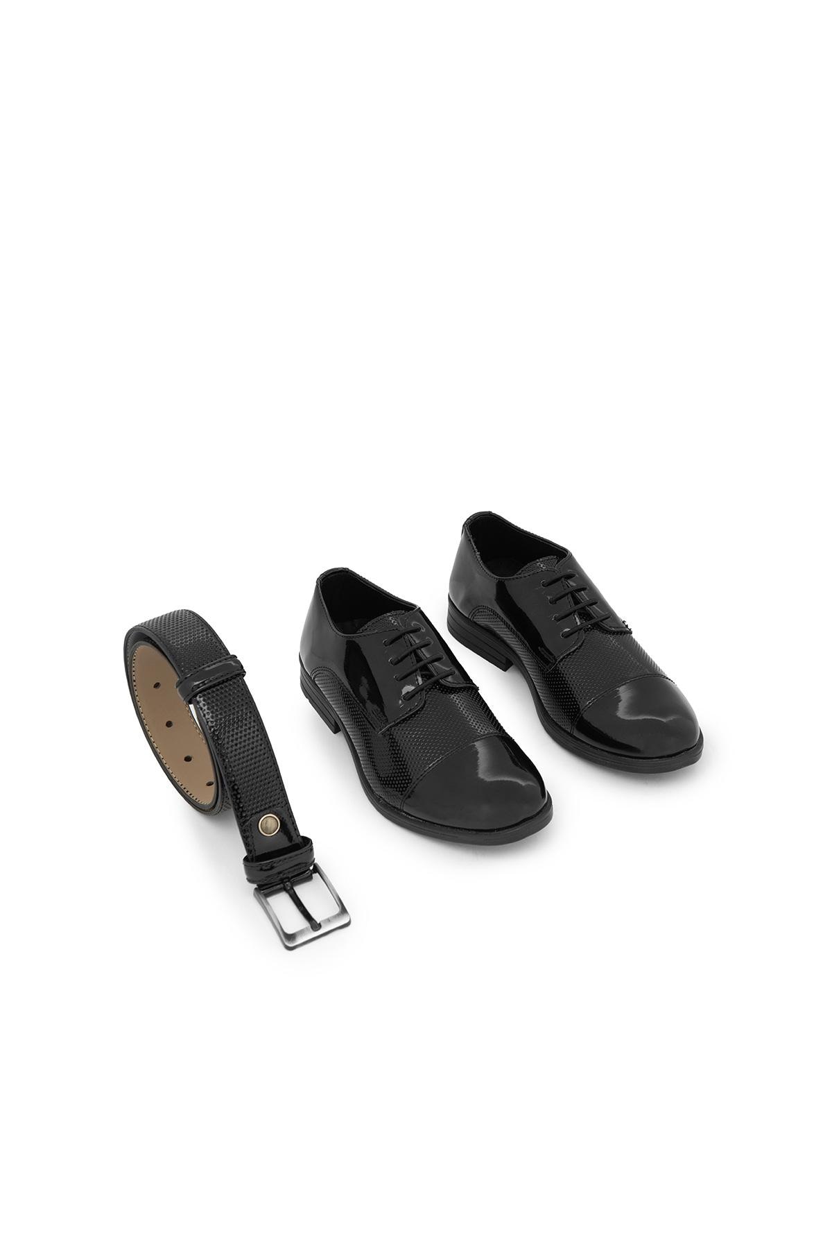 Boys Black Patent Leather Shoes & Belt Set Formal Outfit