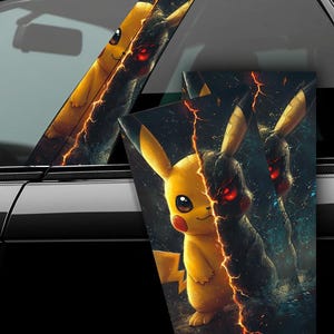 May include: A car window decal featuring a yellow Pikachu character with a dark, shadowy figure behind it. The background is a dark, cracked surface with orange and yellow flames.