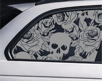 Matte Black Rear Window Decal for Cars – Skull Roses Side Window Vinyl Sticker
