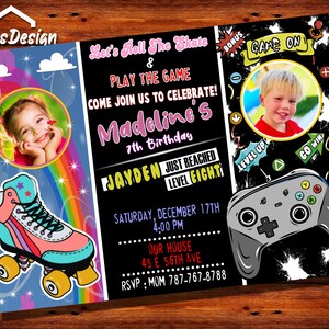 Sibling Birthday Invitation,Double Birthday Invitation,Roller Skates Invitation,Games On Invites,Video Games Party,Custom Birthday Invites
