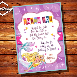 Carte de remerciement de sirène, invitation de sirène, invitation d'anniversaire de sirène, invitations de sirène, carte de remerciement de sirène de Barbie
