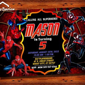 May include: A red and black birthday invitation with a superhero theme. The invitation features a black background with red and yellow accents. The text "Calling all superhero!" is written in red letters. The name "MASON" is written in large red letters. The number "5" is written in large red letters. The text "Saturday, August 10th, 2023" is written in white letters. The text "10:00 AM - 1:00 PM" is written in white letters. The text "ELF PLAYGROUND" is written in white letters. The text "67 E. GREAT STREET" is written in white letters. The text "GREAT CITY, CT 98767" is written in white letters. The text "RSVP: MOM 989-967-6566" is written in white letters. The invitation features images of Spider-Man characters.