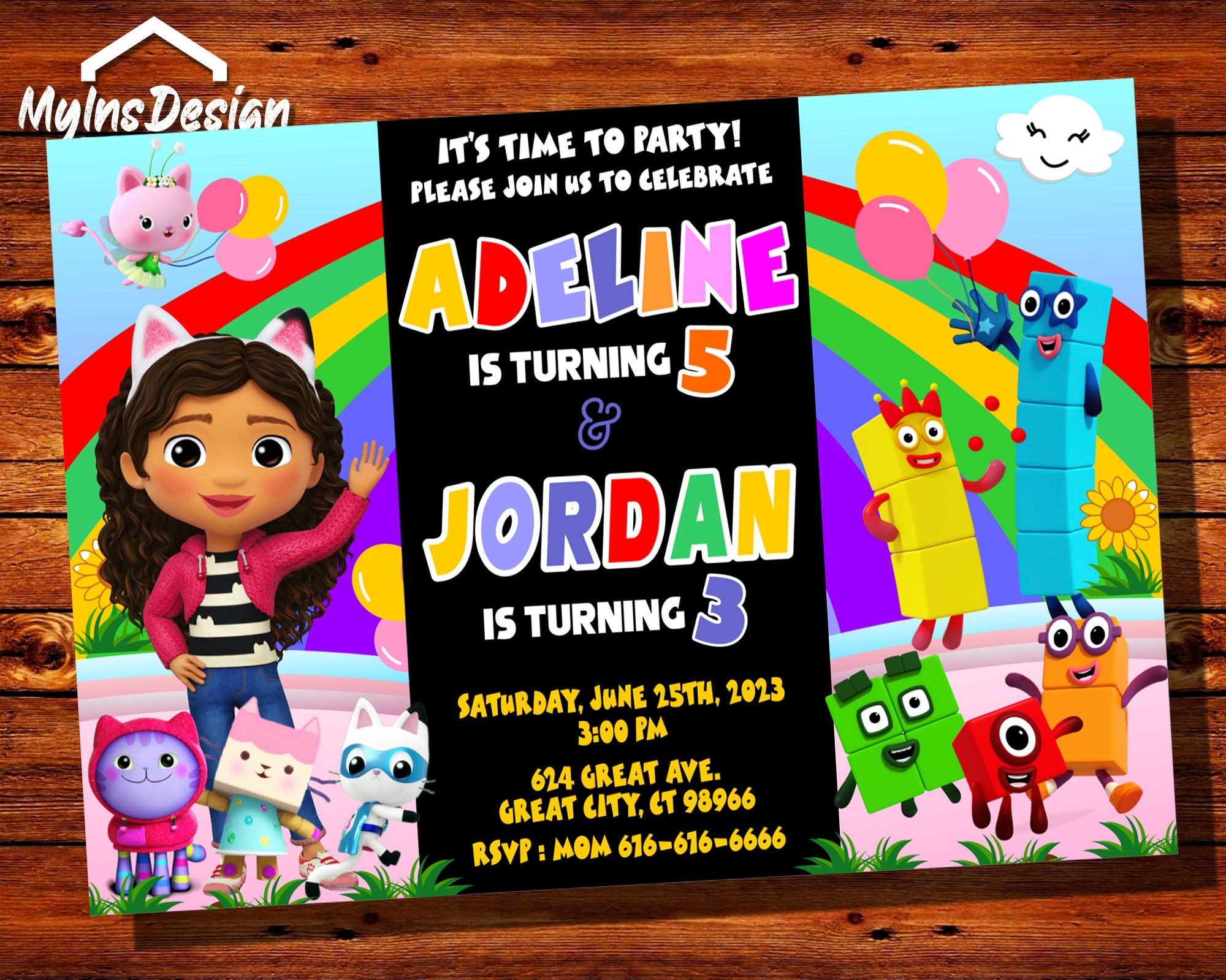 Invitation Numbers Sibling Invitation, Gabby Doll House and Numbers Block Invitation ...