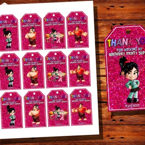 Etiquetas de agradecimiento de Wreck It Ralph, tarjeta de agradecimiento de Wreck It Ralph, invitación de Wreck It Ralph, cumpleaños de Wreck It Ralph, invitaciones elementales