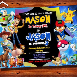 Sibling Invitation With Photo,Dual Invitation,Joint Invitation,Double Birthday Invitation,Pokemon Invitation,Toy Story Invitation