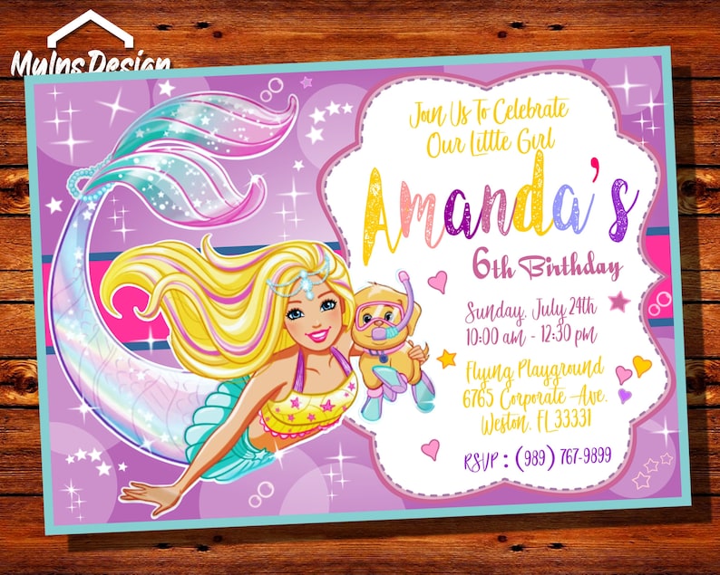 May include: A purple and blue invitation with a mermaid illustration. The invitation is for Amanda's 6th birthday party. The party is on Sunday, July 24th from 10:00 am to 12:30 pm at Flying Playground, 6765 Corporate Ave, Weston, FL 33331. RSVP: (989) 767-9899.