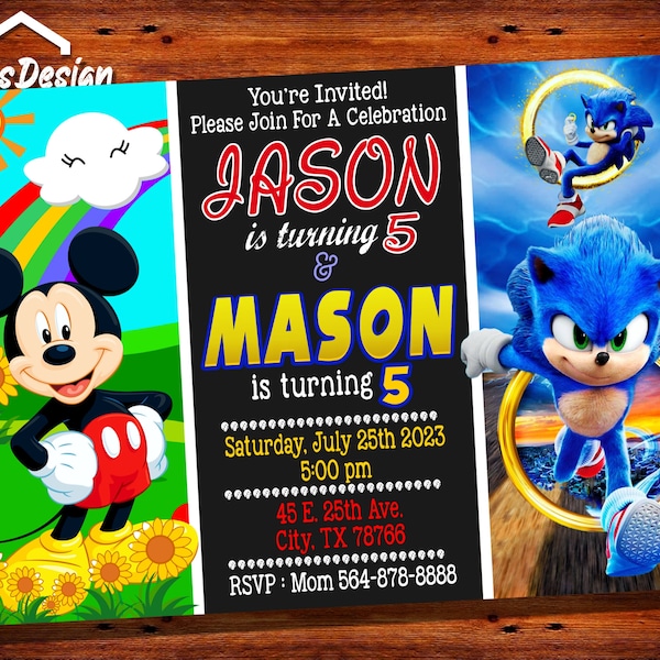 Sibling Invitation With Photo,Dual Invitation,Joint Invitation,Double Birthday Invitation,Mickey Invitation,Sonic Invitation