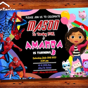 Sibling Invitation,Spiderman and Gabby Doll House Invitation,Spiderman Invitation,Gabby Doll House Invitation,Superhero Invitation