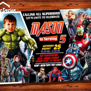 Superhelden-Einladung mit benutzerdefiniertem Foto, Hulk-Einladung, Avengers-Einladung, Iron Man-Einladung, Spiderman-Einladung, Captain America lädt ein