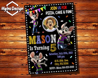 Invitación de Chuck E Cheese con foto, invitación de Chuck E Cheese, invitación de cumpleaños de Chuck E Cheese, invitación para fiesta de queso 3