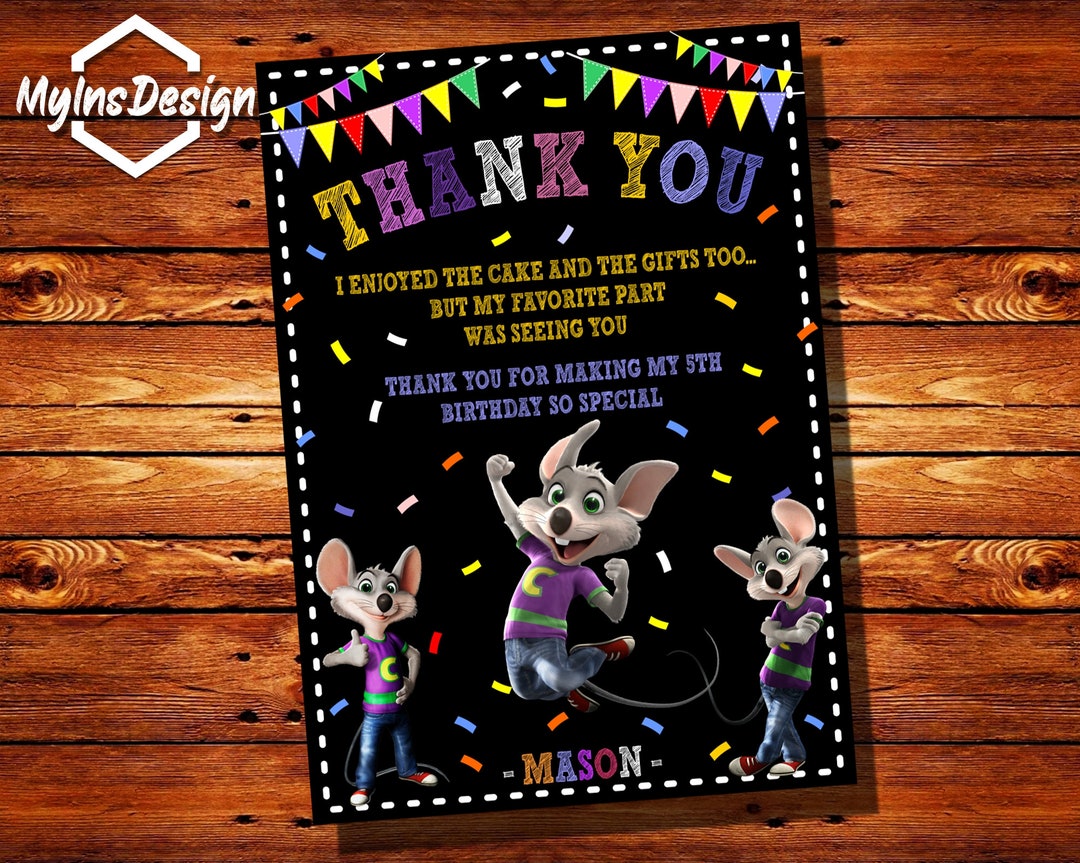 Chuck E Cheese Thank You Card, Chuck E Cheese Invitation, Chuck E ...