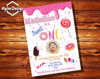 Sweet One Birthday invitation with photo, Donuts Invitation, Candy and Ice Cream Invitation, Valentine Invitation, Turning 1 Invites
