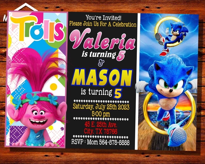 K&ouml;nnte beinhalten: Einladung zu einer gemeinsamen Geburtstagsfeier f&uuml;r Valeria und Mason, die beide 5 Jahre alt werden. Die Einladung zeigt links einen bunten Trolls-Charakter und rechts einen blauen Sonic the Hedgehog-Charakter. Der Text lautet "Sie sind eingeladen! Bitte feiern Sie mit uns Valeria wird 5 Jahre alt & MASON wird 5 Jahre alt Samstag, 25. Juli 2023 17:00 Uhr 45 E. 25th Ave. City. TX 78766 RSVP: Mama 564-878-8888"