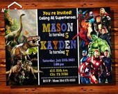 Sibling Invitation,Dinosaurs and Superheroes Invitation,Dinosaurs Invitation,Superhero Invitation,Double Invitation,Dual Invitation 7
