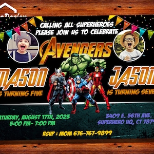 Sibling Invitation With Photo,Superhero Invitation,Avengers Invitation,Dc Comics Invitation,Double Invitation With Photo,Twin Invitation