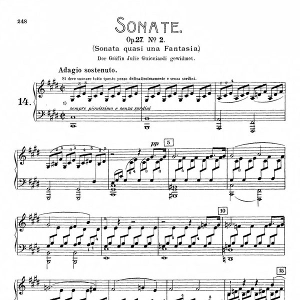 Moonlight Sonata (Full - all 3 Movements) Op 27 No 2 Beethoven Solo Piano Sheet Music Printable PDF 14 Pages Download