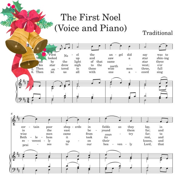 The First Noel Christmas Carol (Easy) Piano / Vocal Music Sheet Printable PDF Download 3 Files Piano + Voice / Piano Solo / Voice