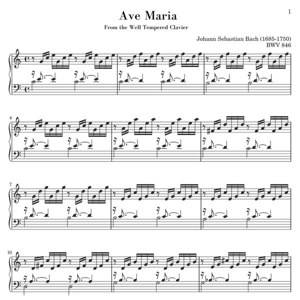 Ave Maria Bach Gounod Piano Solo Sheet Music Printable PDF 2 Pages Download