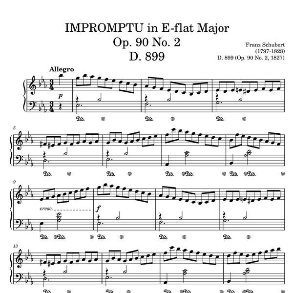 Schubert - Impromptu in E-flat Major Op 90 No 2 D 899 Solo Piano Sheet Music Printable PDF 13 Pages Download