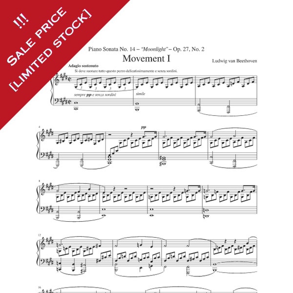 Moonlight Sonata (1st Movement) Op 27 No 2 Beethoven Solo Piano Sheet Music Printable PDF 3 Pages Download