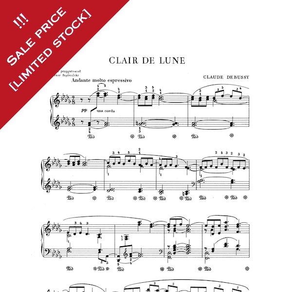 Clair de Lune - Debussy Piano Solo Sheet Music Printable PDF Downloadable 4 Pages