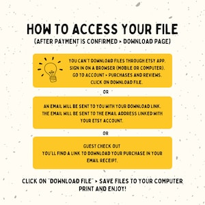 Puede incluir: Gr&aacute;fico amarillo con instrucciones sobre c&oacute;mo acceder a un archivo digital despu&eacute;s de la compra en Etsy. El gr&aacute;fico incluye un icono de bombilla, texto y tres cuadros amarillos con texto.