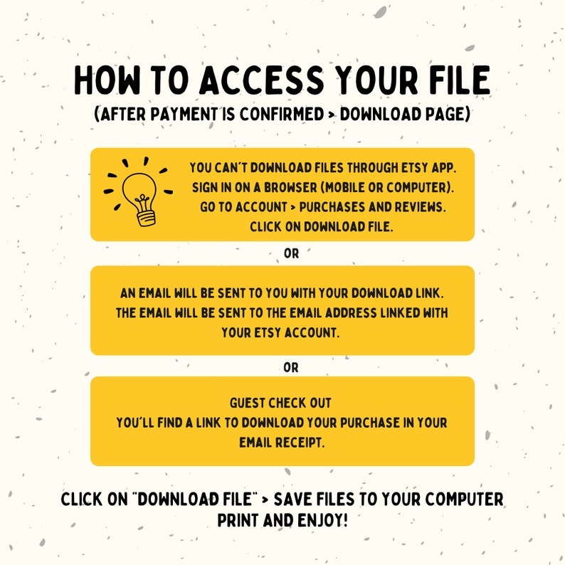 Puede incluir: Gr&aacute;fico amarillo con instrucciones sobre c&oacute;mo acceder a un archivo digital despu&eacute;s de la compra en Etsy. El gr&aacute;fico incluye un icono de bombilla, texto y tres cuadros amarillos con texto.