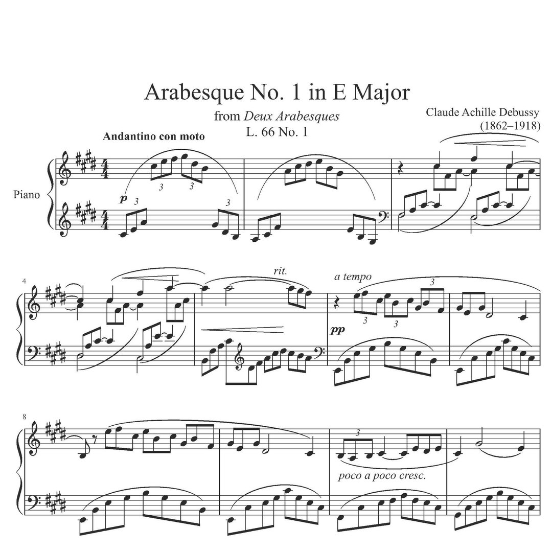 Debussy Arabesque No. 1 Piano Sheet Music PDF 5 Pages Etsy