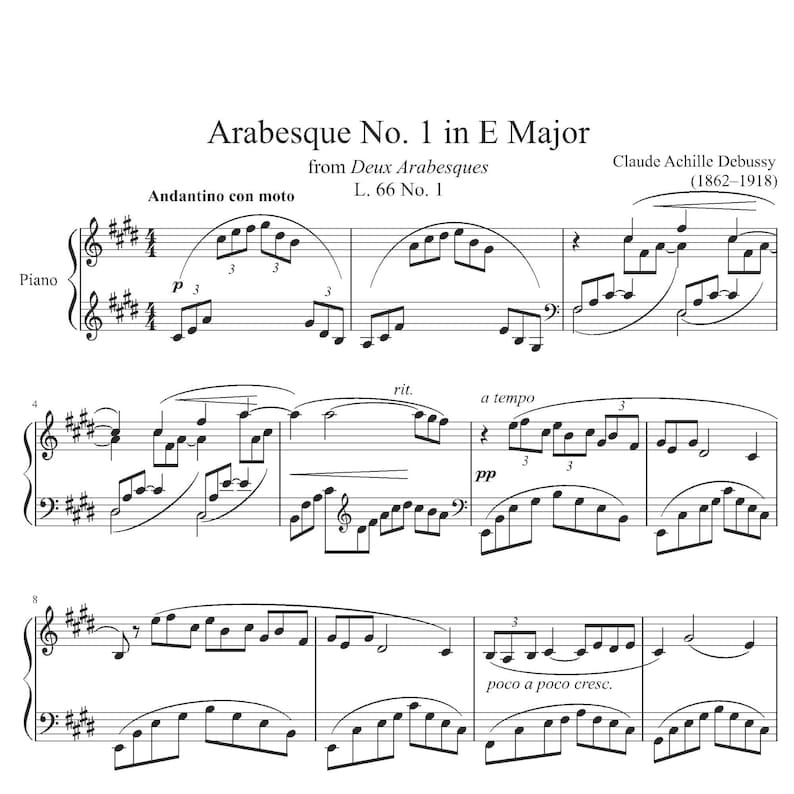 Debussy - Arabesque No. 1 Piano Sheet Music PDF 5 Pages - Etsy