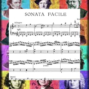 May include: A sheet music score for a piano piece titled "Sonata Facile" with the tempo marking "Allegro" and the dynamic marking "mf".