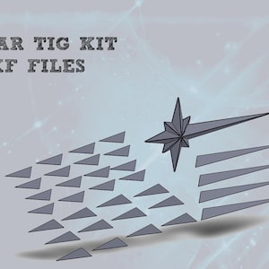 Puede incluir: Una descarga digital de archivos DXF para un kit de soldadura TIG en forma de estrella. El kit incluye una estrella grande con una punta puntiaguda y un campo de triángulos más pequeños.