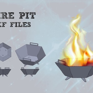 Puede incluir: Una ilustración digital de un diseño de pozo de fuego. La imagen muestra un pozo de fuego hexagonal con tres patas y un asa a cada lado. El pozo de fuego se muestra en diferentes ángulos y con llamas en su interior.