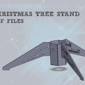 May include: A grey metal Christmas tree stand with three legs. The legs are labelled "Merry Christmas".