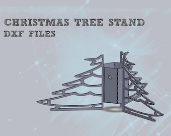 Puede incluir: Un soporte gris para árbol de Navidad con un diseño en forma de árbol. El soporte es de metal y tiene un diseño geométrico. El texto "CHRISTMAS TREE STAND DXF FILES" está en la parte superior de la imagen.