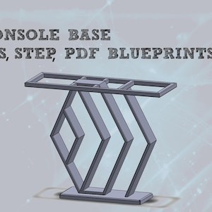 Op de afbeelding: Een 3D-model van een consolebasis, getoond in een blauwdruk-stijl. De basis is gemaakt van metaal en heeft een geometrisch ontwerp. De tekst "CONSOLE BASE" staat bovenaan de afbeelding, en de tekst "IGS, STEP, PDF BLUEPRINTS" staat eronder.