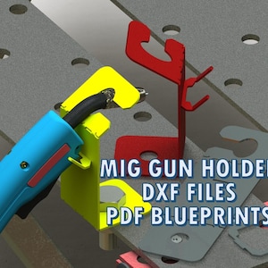 Puede incluir: Un soporte de pistola MIG azul y amarillo con un soporte rojo, diseñado para sujetar una pistola de soldadura. La imagen también incluye el texto "MIG GUN HOLDER DXF FILES PDF BLUEPRINTS".