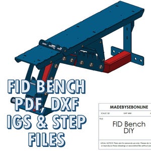 Puede incluir: Un diseño de banco FID azul y rojo con el texto "FID BENCH PDF, DXF, IGS & STEP FILES". El diseño incluye una base rectangular y un asiento con bisagras. Un pequeño rectángulo blanco en la esquina tiene el texto "FID Bench DIY".