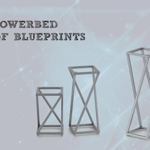 Könnte beinhalten: Drei silberne Blumenständer aus Metall in verschiedenen Größen. Die Ständer bestehen aus quadratischen Rohren und haben ein Kreuzgitter-Design.  FLOWERBED PDF BLUEPRINTS steht in schwarzer Schrift oben im Bild.